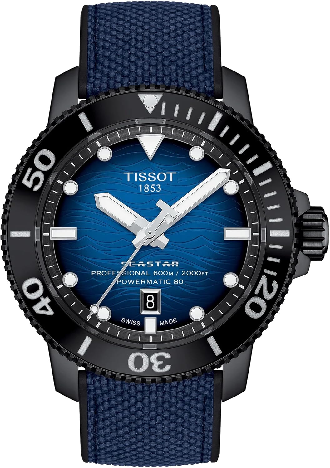 Tissot Mens Seastar 2000 Professional Powermatic 80 316L Stainless Steel case with Black PVD Coating Automatic Watch, Blue/Black, Rubber