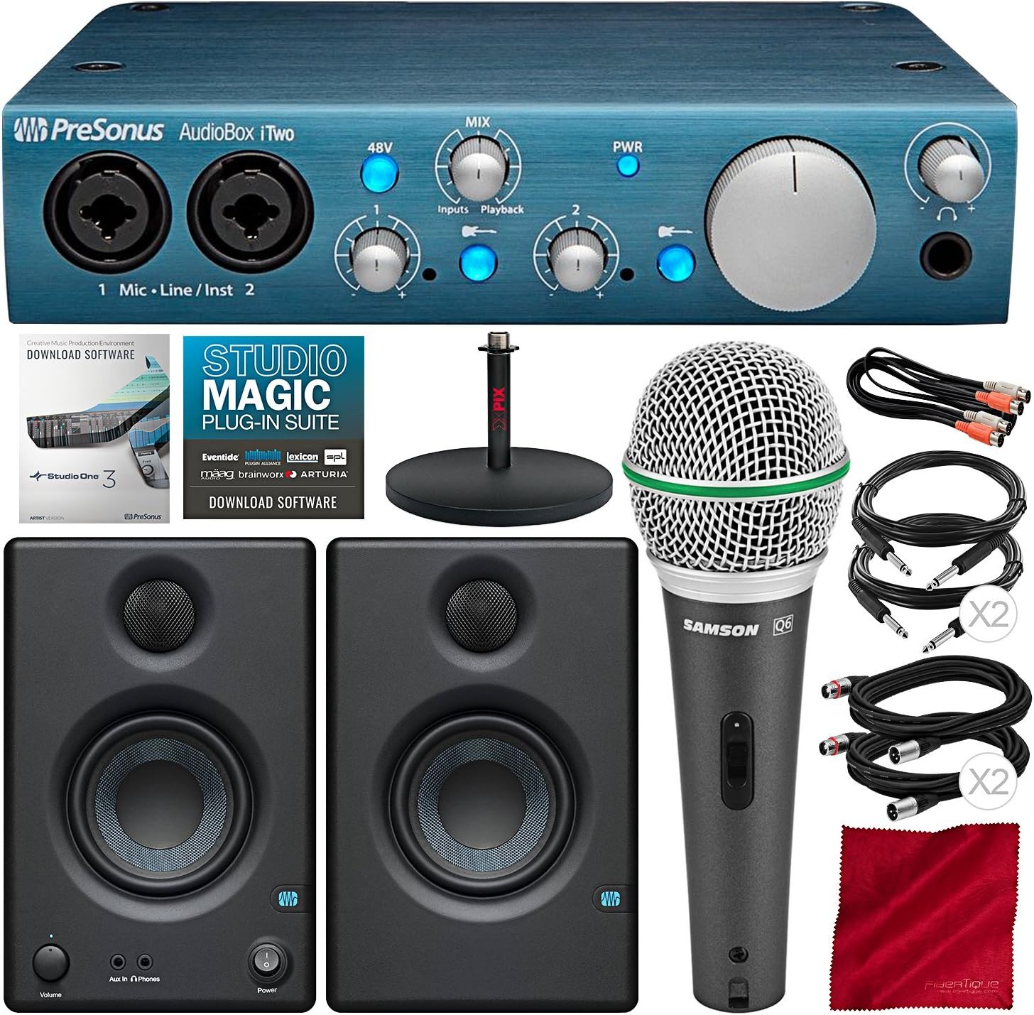 PreSonus AudioBox iTwo 2x2 USB Recording System with PreSonus Eris E3.5 Multimedia Reference Monitors, Samson Microphone, and Deluxe Bundle