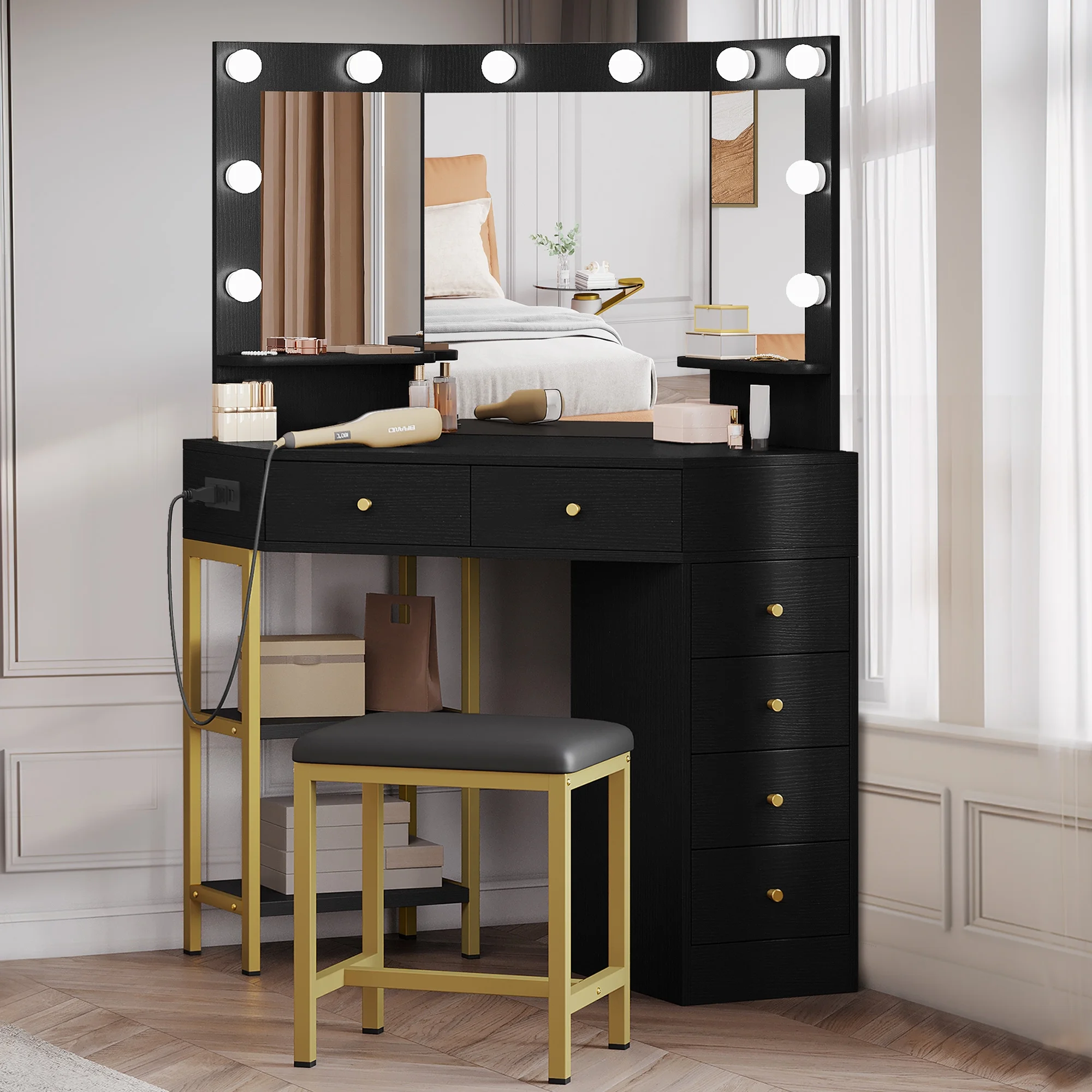 DWVO Corner Vanity Desk With Lights & Mirror, Makeup Vanity with Shelf & 6 Drawers, Vanity Dressing Table for Makeup,Modern Desk Vanity for Bedroom