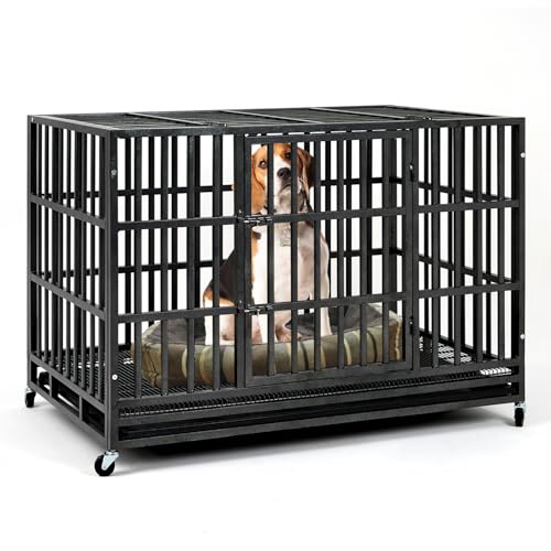 Upgrade 48 Inch Heavy Duty Indestructible XL Dog Crate Steel Escape Proof, Indoor Double Door High Anxiety Cage, Kennel with Wheels, Removable Tray