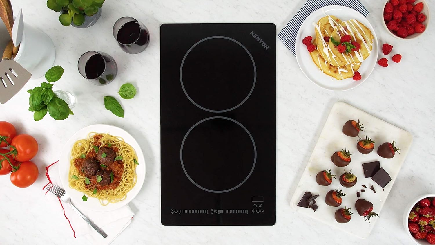 Kenyon Bridge Induction Cooktop, 2 Burners, Portrait Cooktop, Smart Touch Control, Energy-Efficient Cooking, Easy-to-Clean Cooktop, Black, 240 Volts