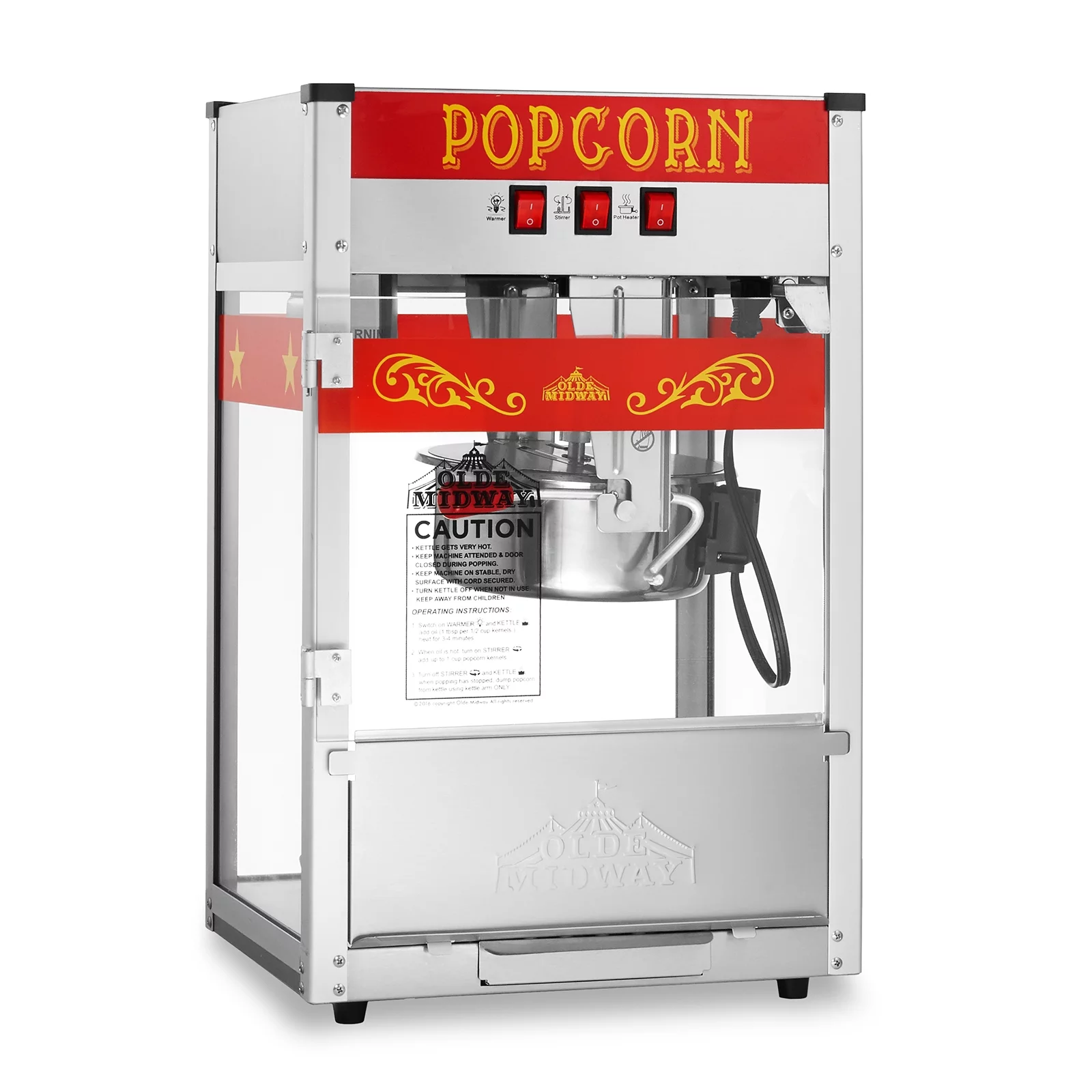 Olde Midway Commercial Popcorn Machine, Bar Style Popper with 8 Ounce Kettle, Red