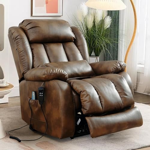 EDILLY Large Genuine Leather Power Lift Recliner Chairs for Elderly, Dual Motor with Massage and Heating,Double Lumbar Cushion and Extended Footrest