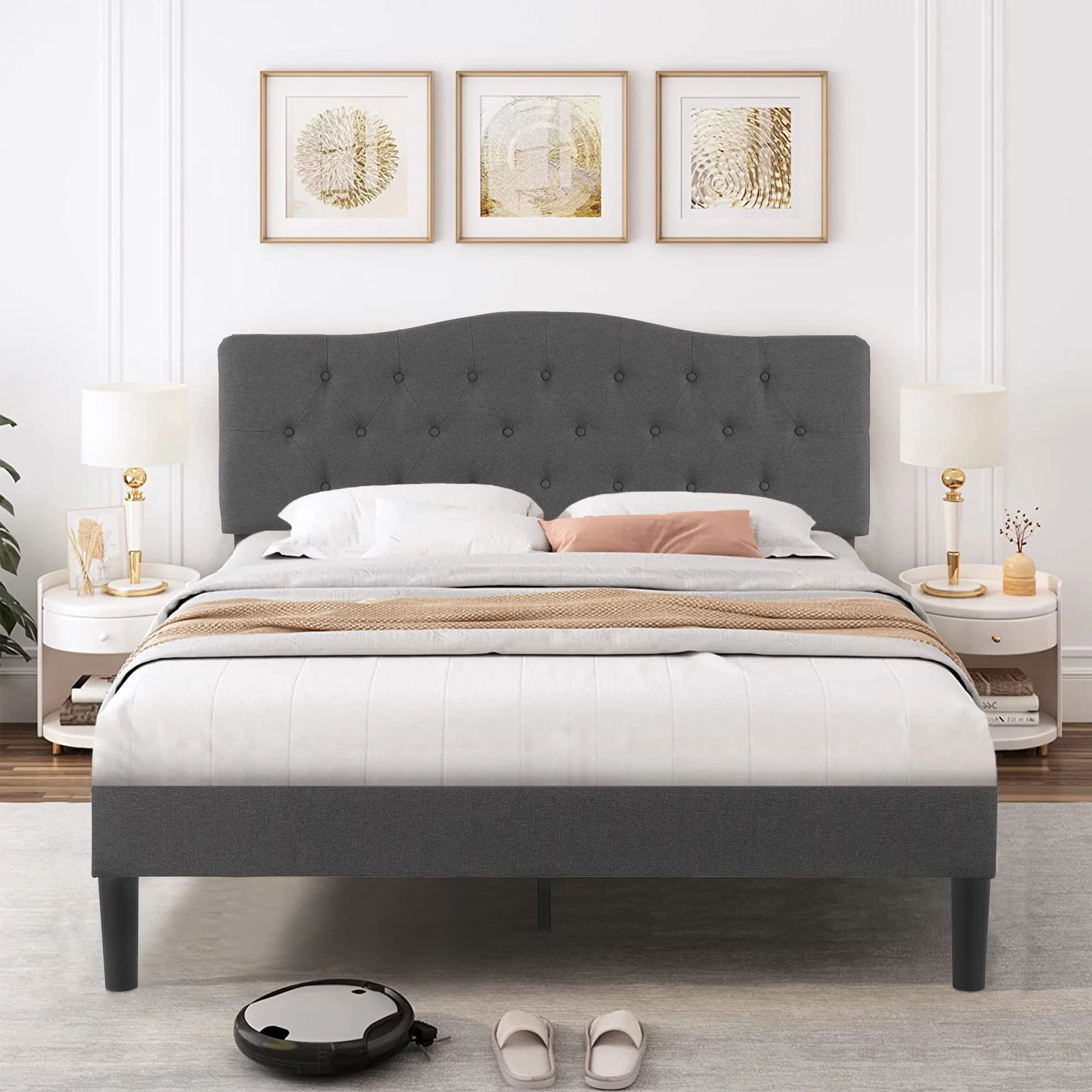 VECELO Queen Bed Frame Upholstered Platform Bed Frame with Diamond Tufted Adjustable Headboard, Wooden Slats Support, No Box Spring Needed, Gray
