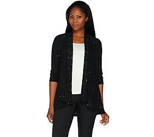 Susan Graver Novelty Knit Embroidered Cardigan, Size 1X, Black
