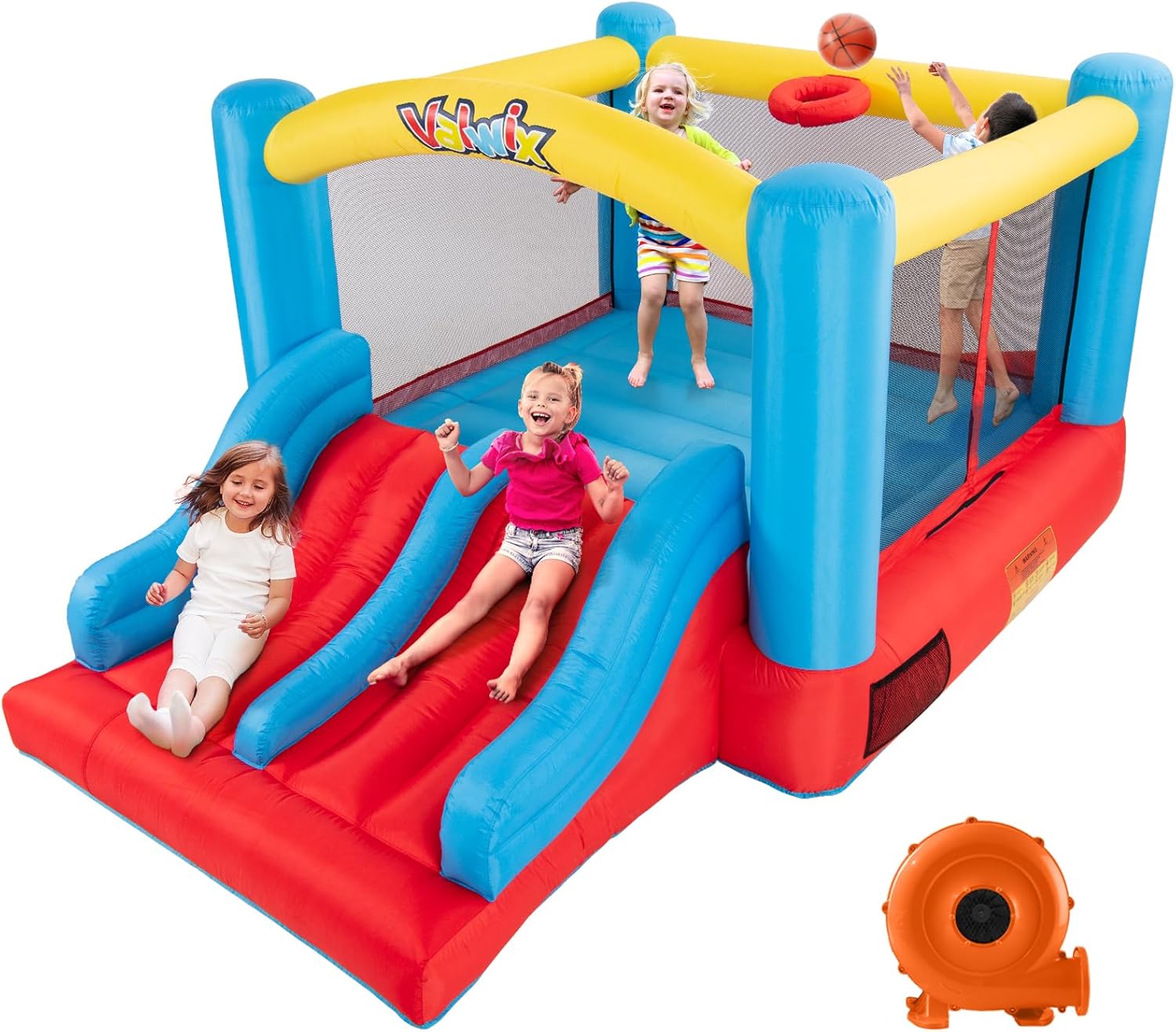 Valwix Bounce House, Inflatable Bouncer with Blower for Kids 3-10, Indoor Outdoor Bouncy Castle Double Slide, Large Bounce Area w/Basketball Hoop