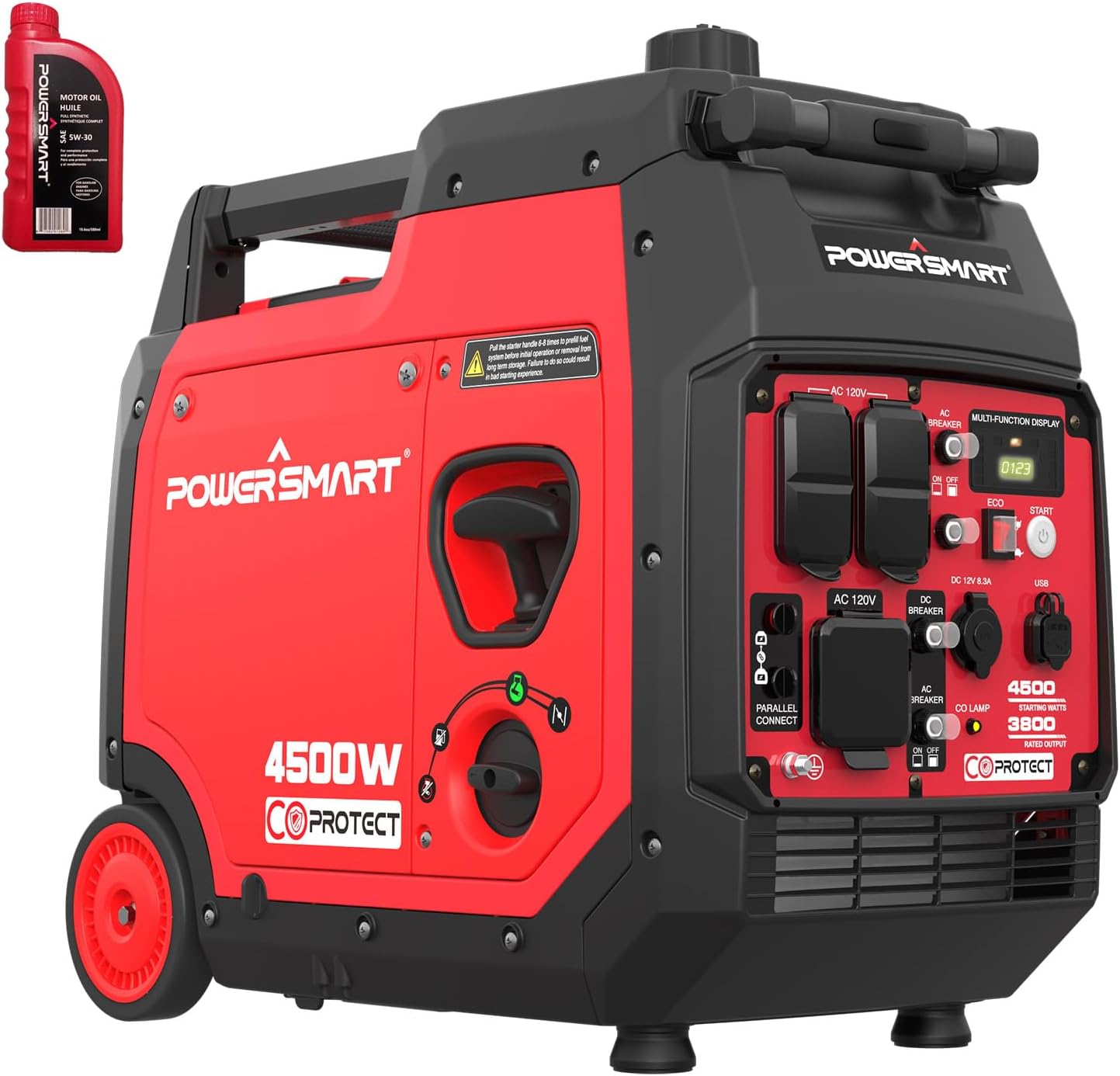 PowerSmart Super Quiet 4500-Watt Portable Inverter Generator with CO Sensor, Electric Start, Gas Powered, RV Ready, Wheel Handle Kit