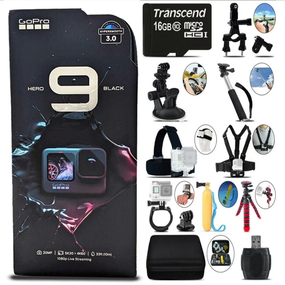 GoPro Hero9 Black 5K Action Camera + Straps + Grips + Mounts - 16GB Bundle Kit - Curated Treasures Market