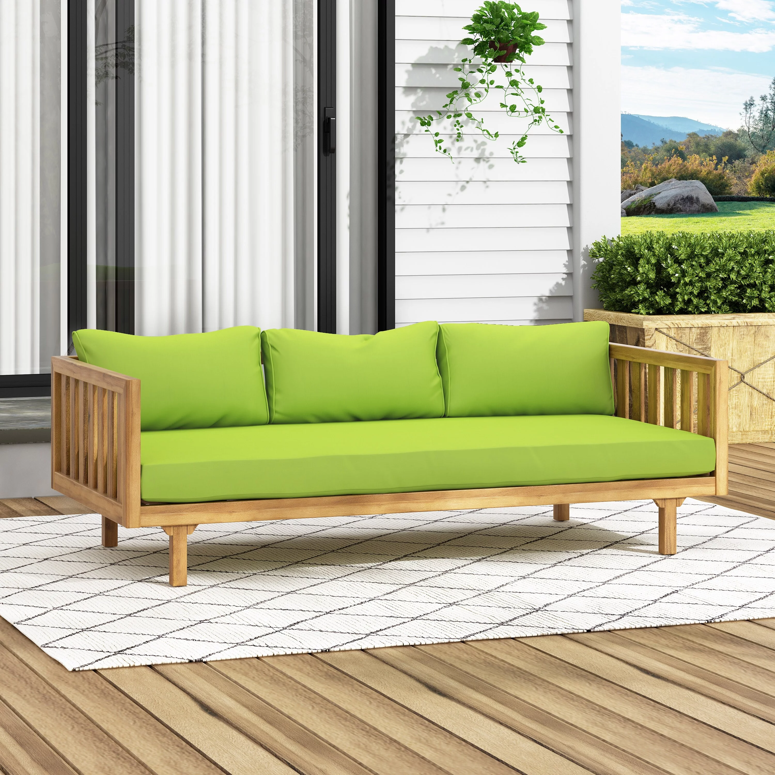 Christopher Knight Home Claremont Outdoor 3-seat Acacia Wood Daybed by Teak Finish + Green Cushion