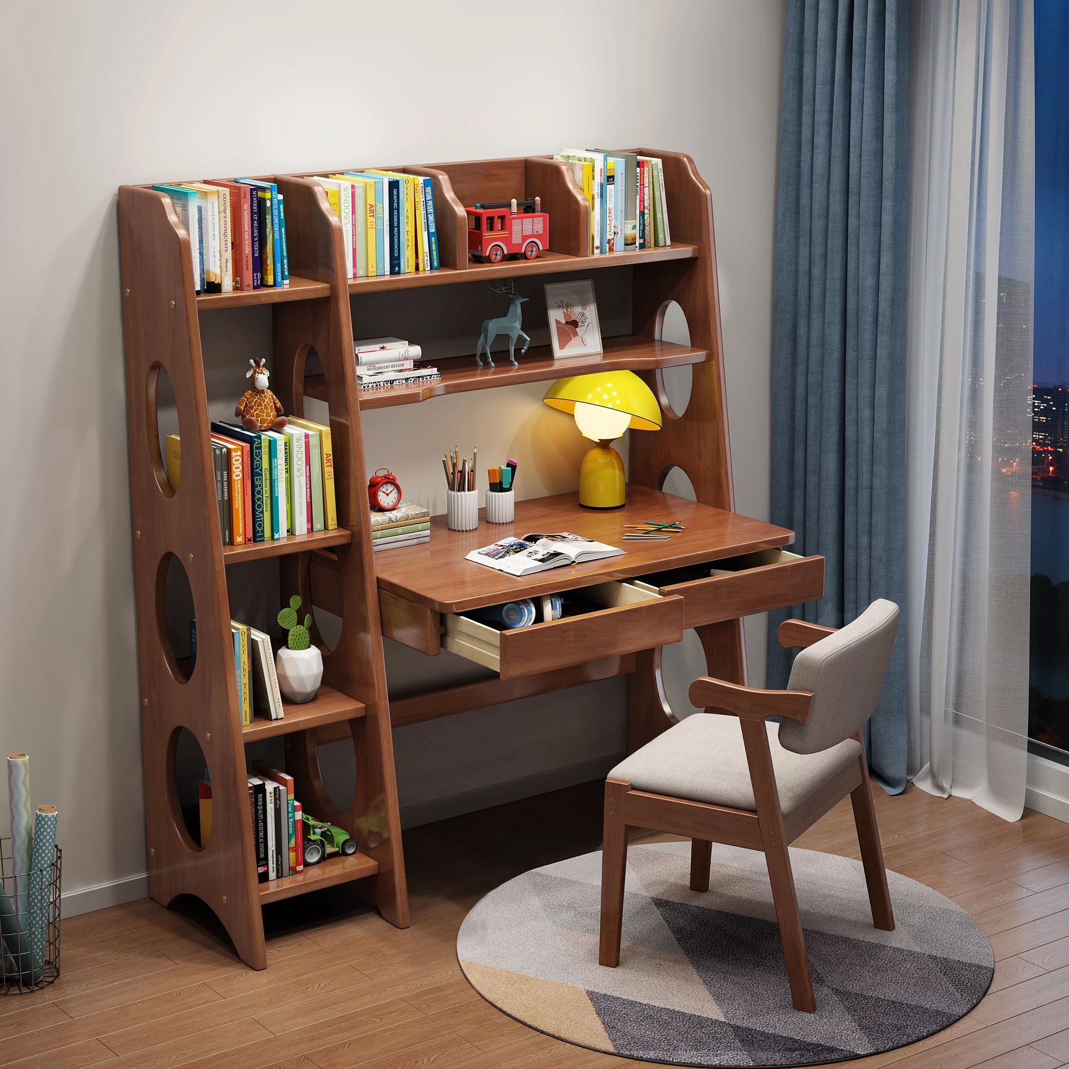 BALANBO Kid's Desk Kid's Table and Chair Set with Drawers and Bookshelf Wooden Kid's Media Desk Student Learning Computer Workstation and Writing