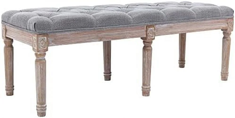 Fabric Entryway Bench with Button Tufted Seat and Rustic Wood Legs  Vintage Bedroom Bench End of Bed  Padded Extra Seating Bench for Living Room