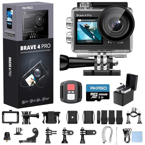 AKASO Brave 4 Pro 4K30 Action Camera with 256GB MicroSD U3 Card 131FT Underwater Waterproof Camera EIS Touch Screen Remote Control with 2x1350mAh
