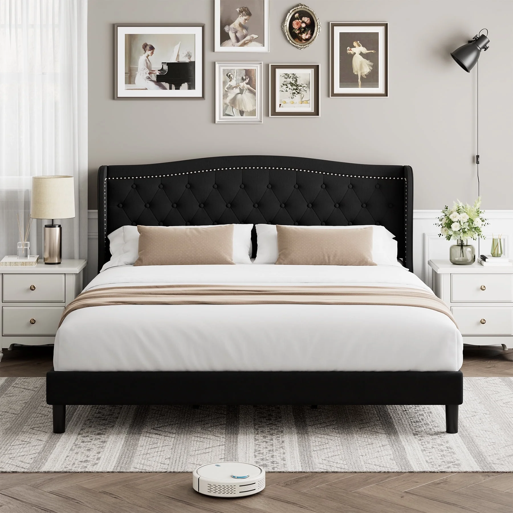 Homfa Full Bed Frame, Wing-Back Button Tufted Upholstered Headboard, Modern Platform Bed Frame with Wood Slat Support for Bedroom, Black