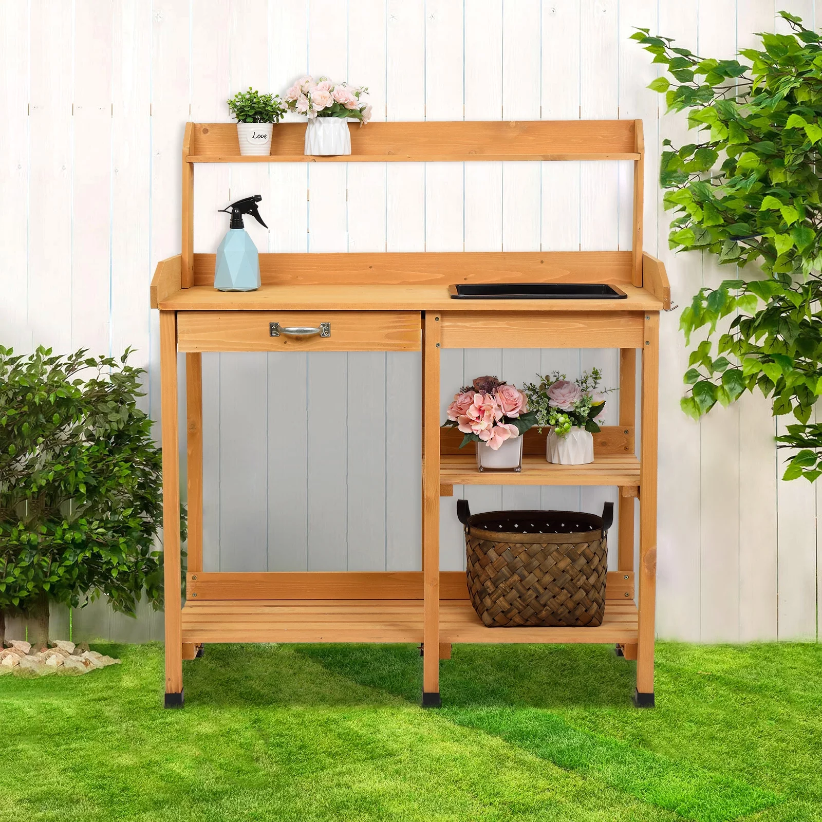 Wooden Potting Bench, Work Station Table, Outdoor Garden Potting Table with Sink, Hooks and Storage Shelf for Garden Supplies, Natural