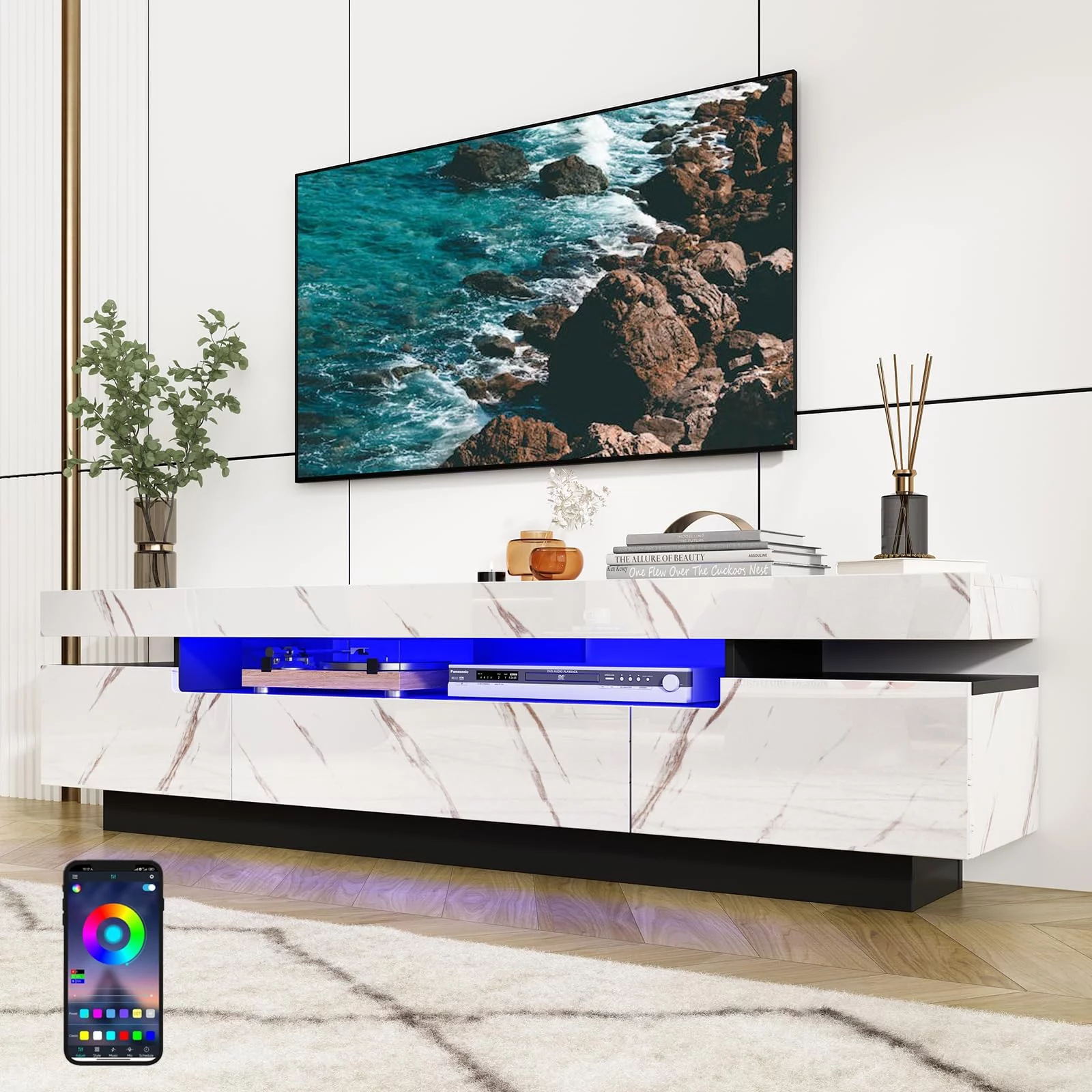 ChVans Led TV Stand for 85/80/75 inch TV, 70.9IN High Gloss Modern LED TV Stand with Storage, Entertainment Center with APP RGB Light