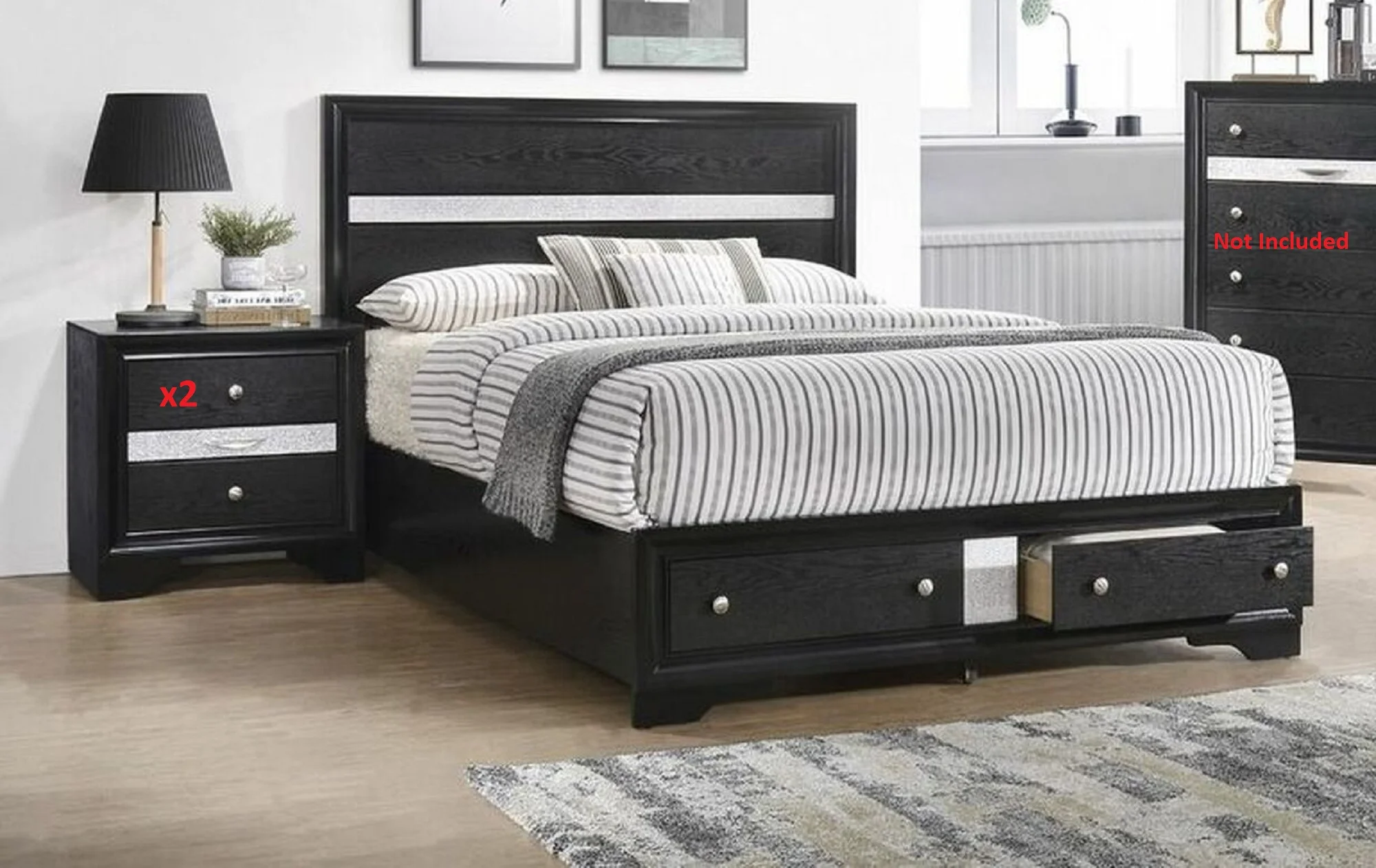 Contemporary Style 3pc Queen Storage FB Drawers Panel HB Bed Nighstand Set Black Wooden Home Bedroom Furniture