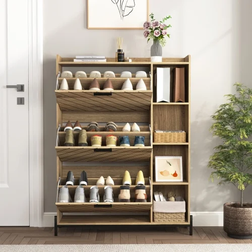 Shoe Cabinet with 3 Flip Drawers & Open Shelves, Modern Entryway Shoe Storage Cabinet Slim, Narrow Hidden Shoe Rack for Heels, Boots, Slippers