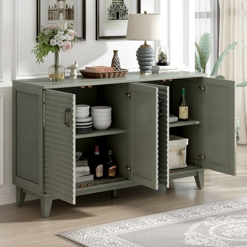 Retro Style Sideboard with 4 Door, Large Storage Buffet with Adjustable Shelves and Metal Handles, Wooden Accent Storage Cabinet for Kitchen