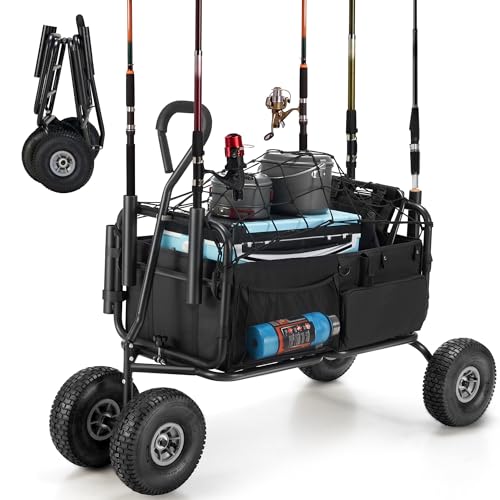 AHB Fishing Cart 550lbs Beach Wagon Cart, Heavy Duty Foldable Cart with All Terrain Big Wheels, Collapsible Wagon with 5 Rod Holders