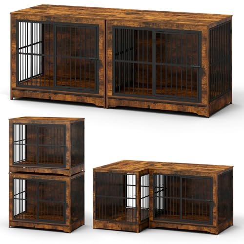 86 Inch Double Dog Crate Furniture with Divider, 4 Combination Forms Large Dog Kennel Furniture for 2 Dogs