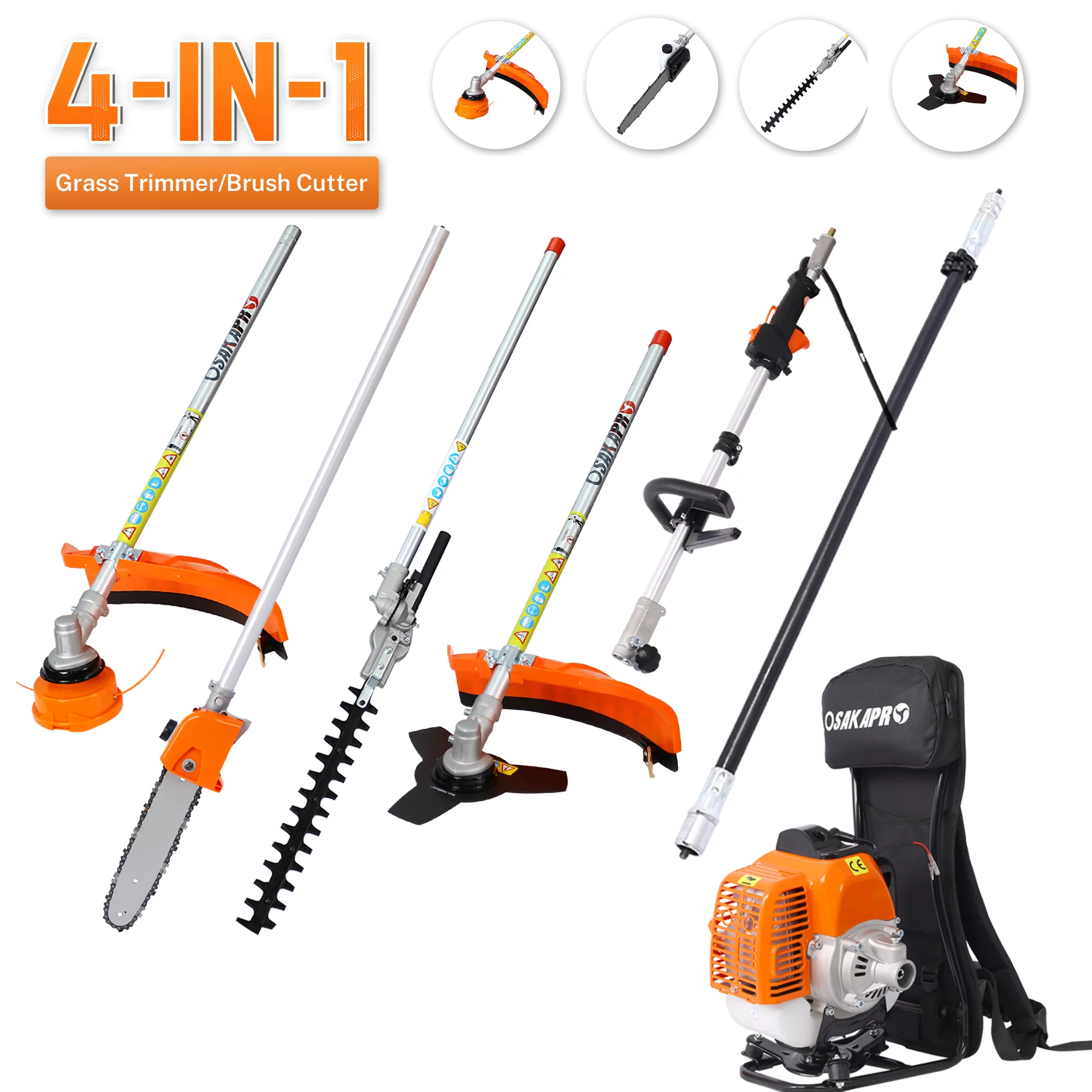 Backpack 52CC 2-Cycle Grass Trimmer, Sesslife 4 In 1 Gas Powered Lawn Mower Full Crankshaft Grass Edger with Gas Pole Saw, Hedge Trimmer