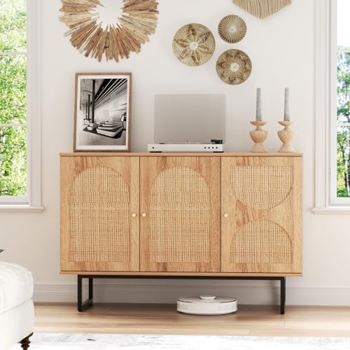 Storage Cabinet with 2 Arched Rattan Doors, Natural Style Rattan Sideboard Buffet Cabinet with Storage