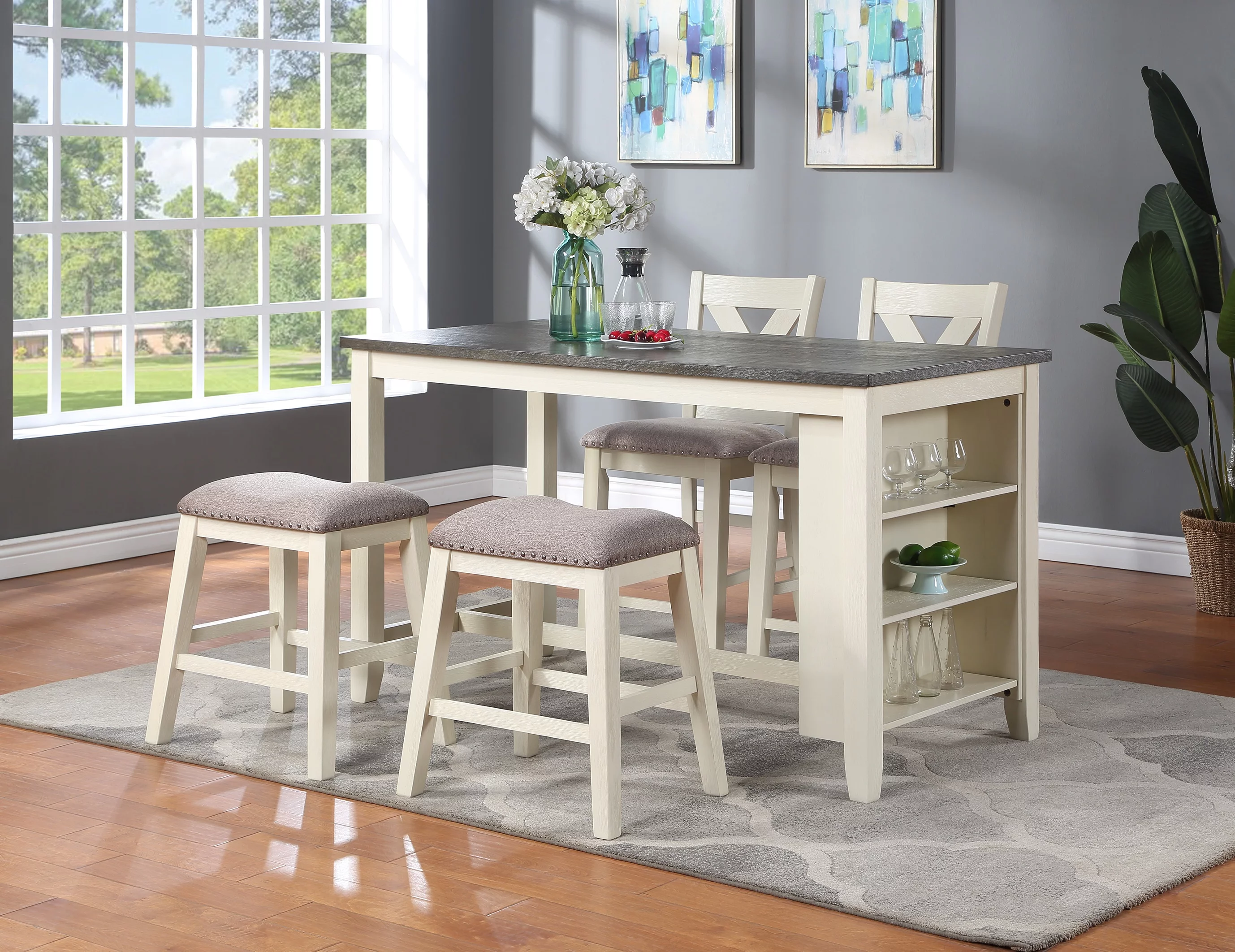 Dcenta Modern Contemporary 5pc Counter Height High Dining Table w Storage Shelves High Chairs And Stools Wooden Kitchen Breakfast Table Dining Room