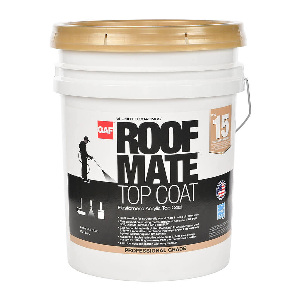 GAF Roof Mate Top Coat 5 Gal. White Acrylic Reflective Elastomeric Roof Coating