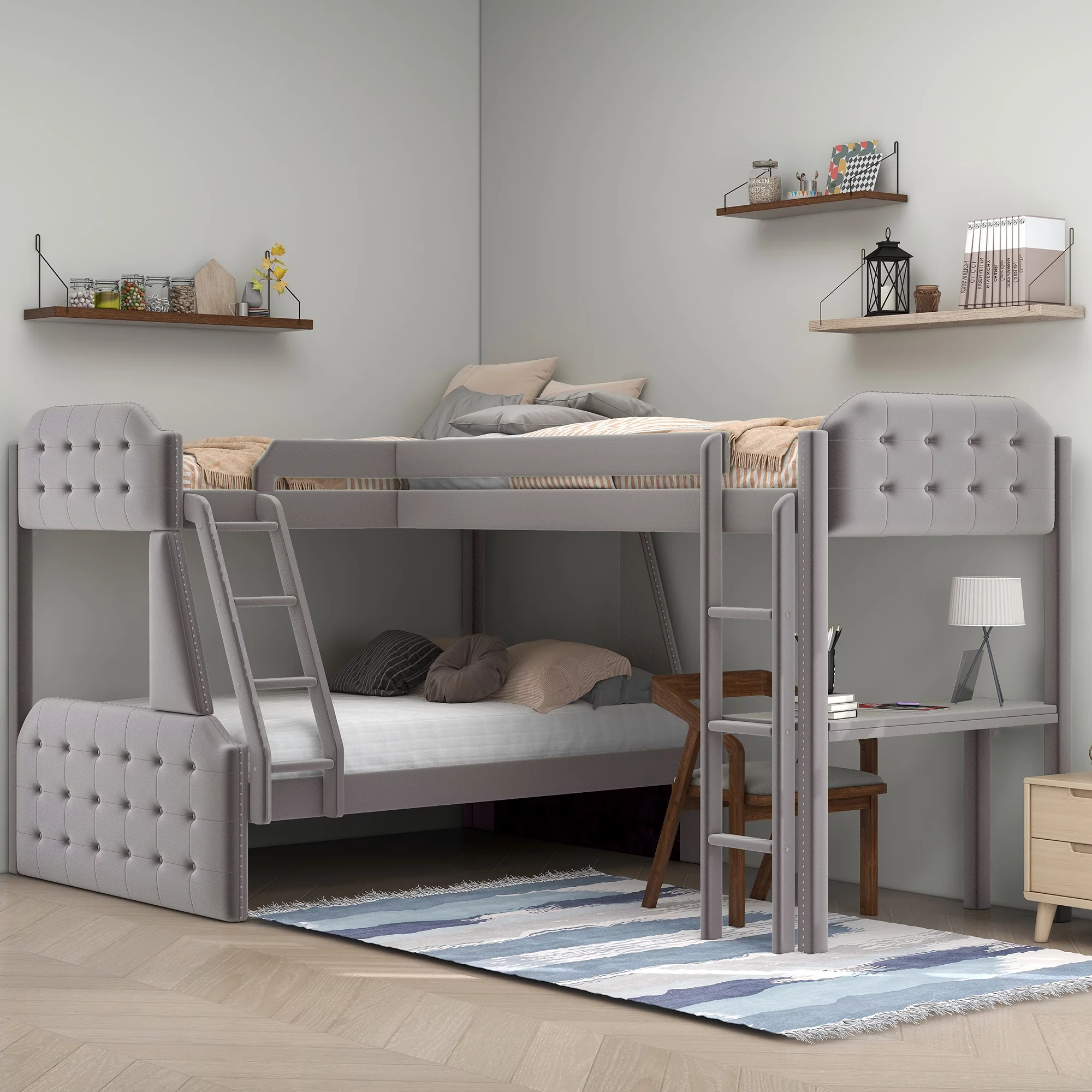Euroco Upholstery Twin over Full Bunk Bed, Twin Size Loft Bed with Built-in Desk, 3-in-1 Bunk Bed, Solid Upholstered Wood Frame for More Kids, Gray