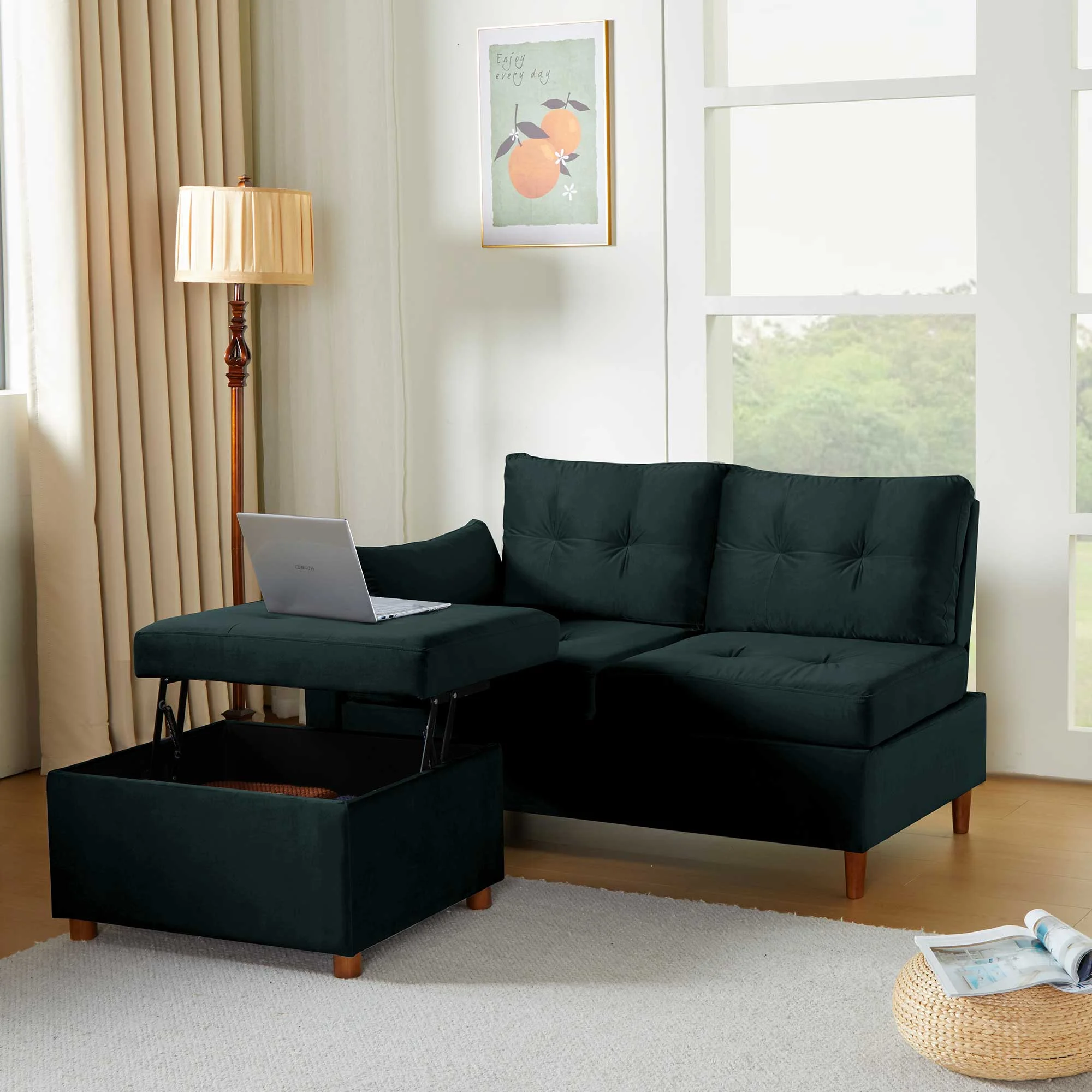 Giratree Free Combination Sectional Sofa and Couch, Velvet Fabric Modern 2-3 Seat Sofa with Storage Ottoman, Black