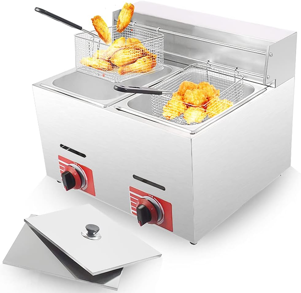 Commercial Gas Deep Fryer 10L*2 with 2 Basket and Lids Cover Stainless Steel Countertop Propane-LPG GF-72 Propane (LPG) W/Metal Tube Double Deep