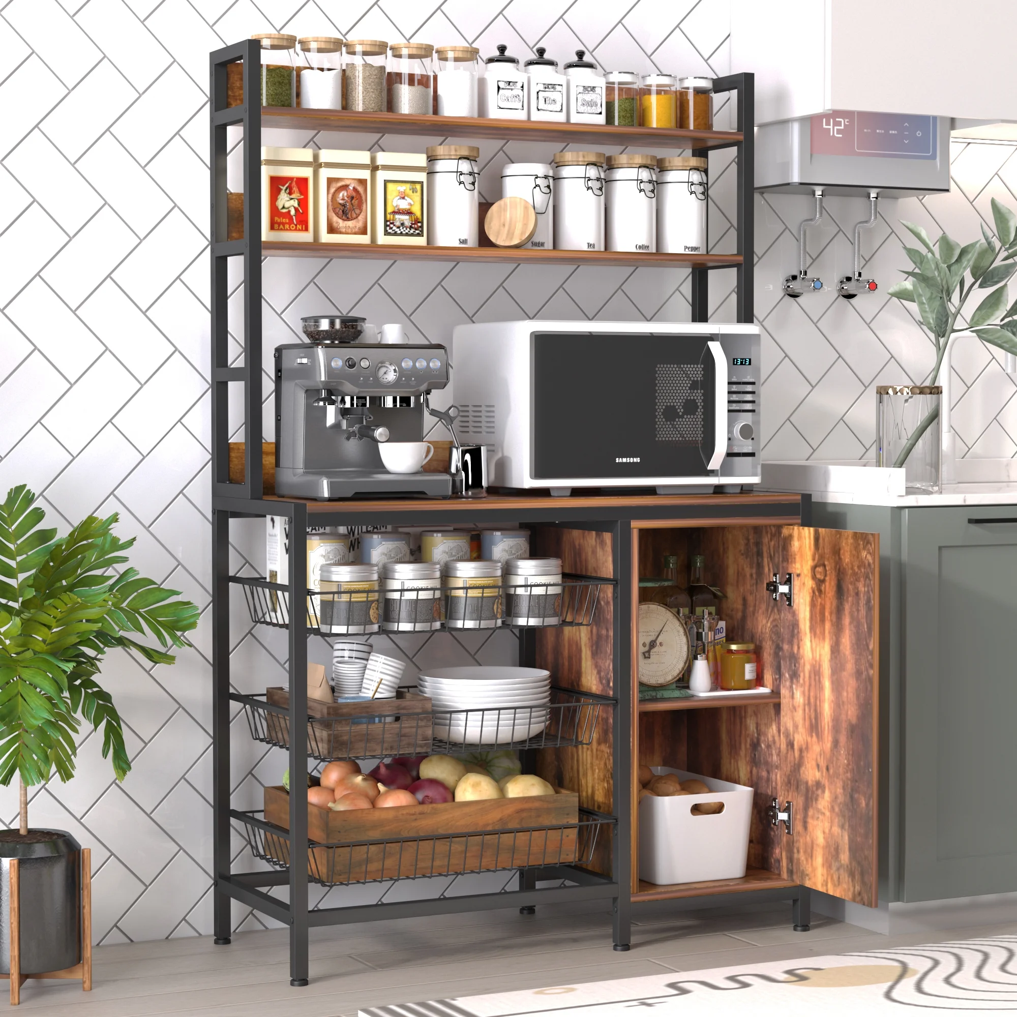 NAIYUFA Bakers Rack Kitchen Large Brown Wood Shelf with Pulled-out Baskets and Cabinet,Microwave Oven Stand