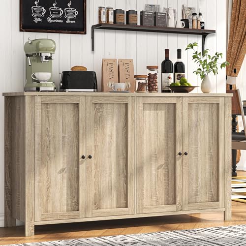 Buffet Cabinet with Storage Farmhouse Buffet Sideboard with 4 Doors, 55'' Large Kitchen Storage Cabinet Wood Coffee Bar Buffet Table for Kitchen