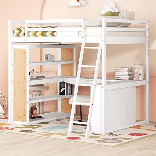 Twin Loft Bed with Staircase, Desk and Wardrobe, Wood Loft Bed with Storage Shelves and Safety Guardrail