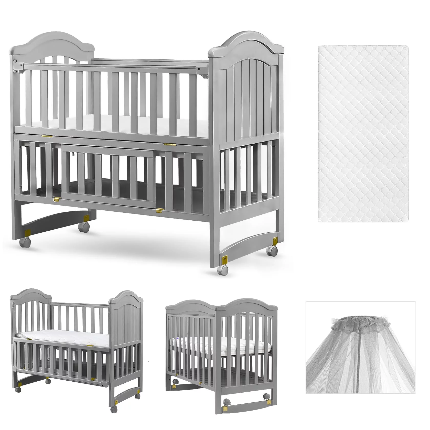 HARPPA 6-in-1 Convertible Mini Crib (Mattress + Mosquito Net Included), Gray