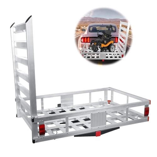 Aluminum Hitch Cargo Carrier with Ramp - 500-Lb Capacity Silver,Trailer Aluminum Cargo Basket Luggage Carrier Rack, for Cars Truck Pickup Vans