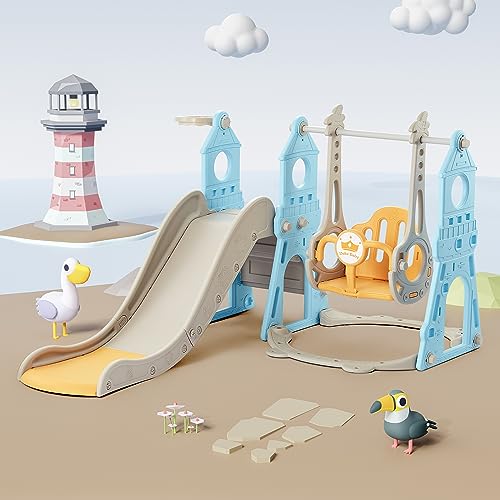 4-in-1 Toddler Slide and Swing Set with Extra Large Playground, Basketball Hoop & Climber, Indoor/Outdoor Playset, Castle Collection - Blue & Yellow