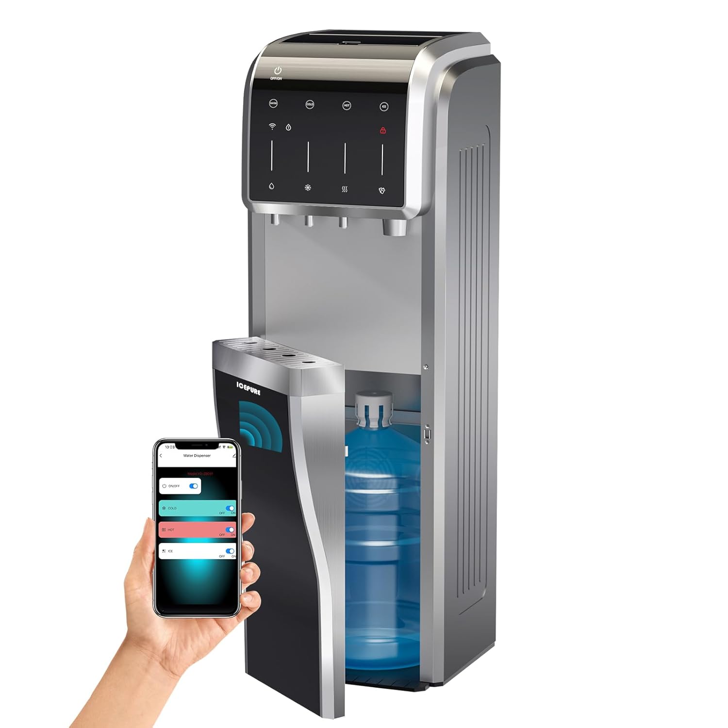 ICEPURE Water Dispenser with Ice Maker, 5-in-1 Water Cooler 5 Gallon Built-in Ice Maker Crushed Ice, Hot and Cold Water Dispenser Bottom Load