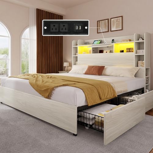 YITAHOME Queen Bed Frame with Bookcase Headboard and 4 Storage Drawers, RGB LED Bed Frame with Type-C & USB Charging Station Storage Headboard Bed
