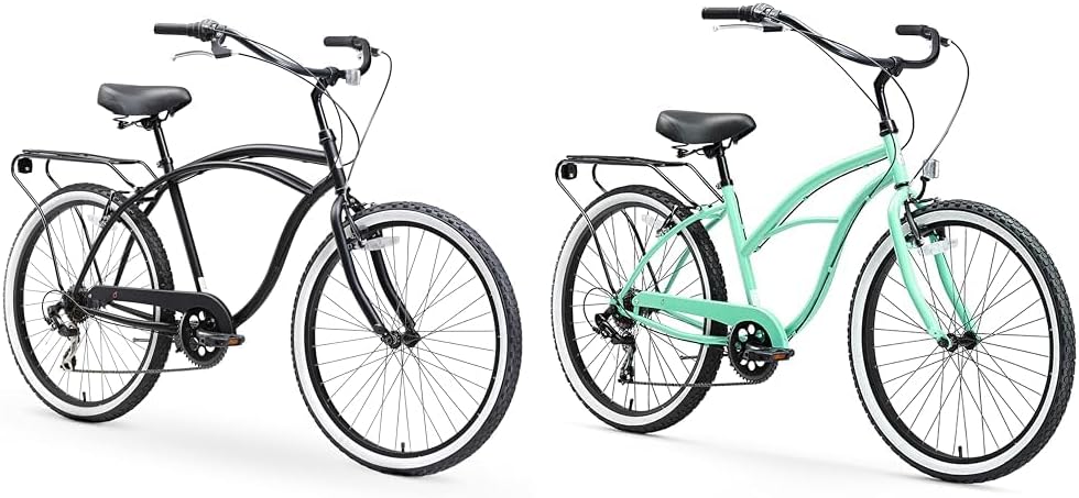 sixthreezero Around The Block Men's and Women's 7-Speed 26 Inch Beach Cruiser Bikes with Rear Racks