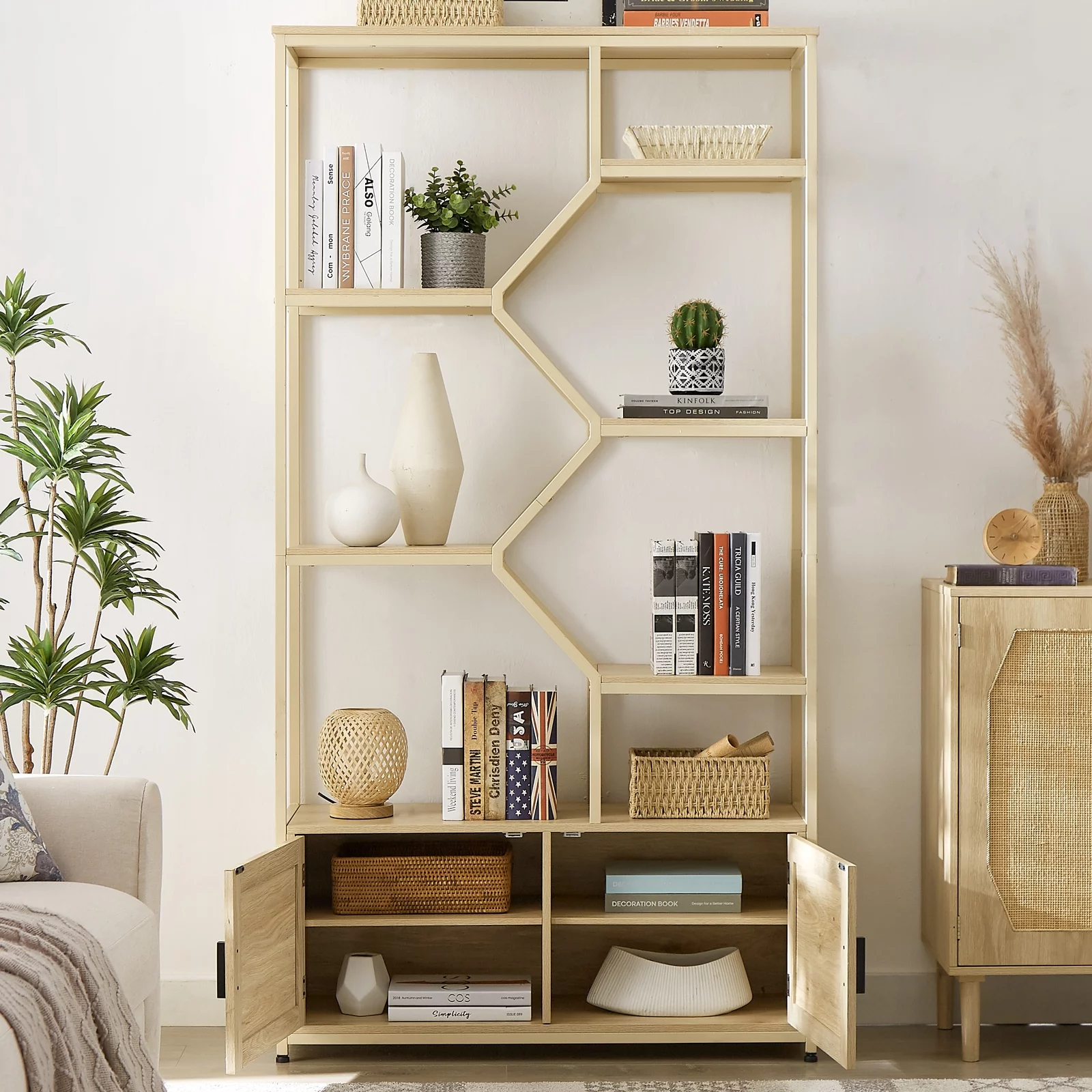 YISUYA Rattan Bookshelf 7 Tiers Bookcases Storage Rack, Rattan Bookshelf with Storage Cabinet, 7 Tiers Bookcases Storage Shelf with Doors