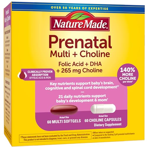 Nature Made Prenatal Vitamin Softgels + Choline Capsules, Folic Acid + DHA + Choline, 60 Prenatal Vitamins for Women, 60 Choline Supplements Capsules