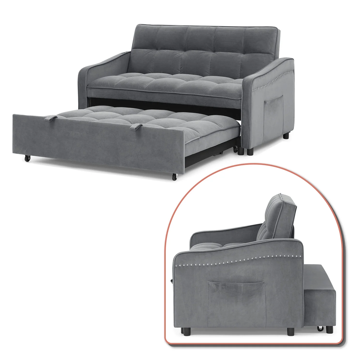 Modern Stylish Velvet Upholstered 2-Seater Sofa Bed with Adjustable Backrest and Pull-Out Bed, Grey