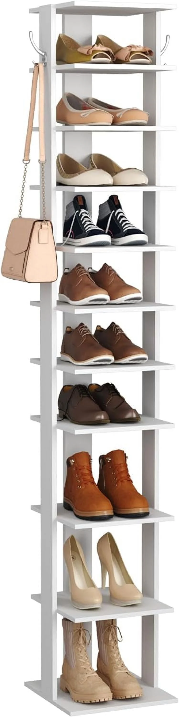 LIHONG 10-Tier Vertical Shoe Rack, Corner Shoe Tower, Slim Shoe Organizer with Two Hanging Hooks, Wooden Shoe Storage Stand for Entryway, Hallway