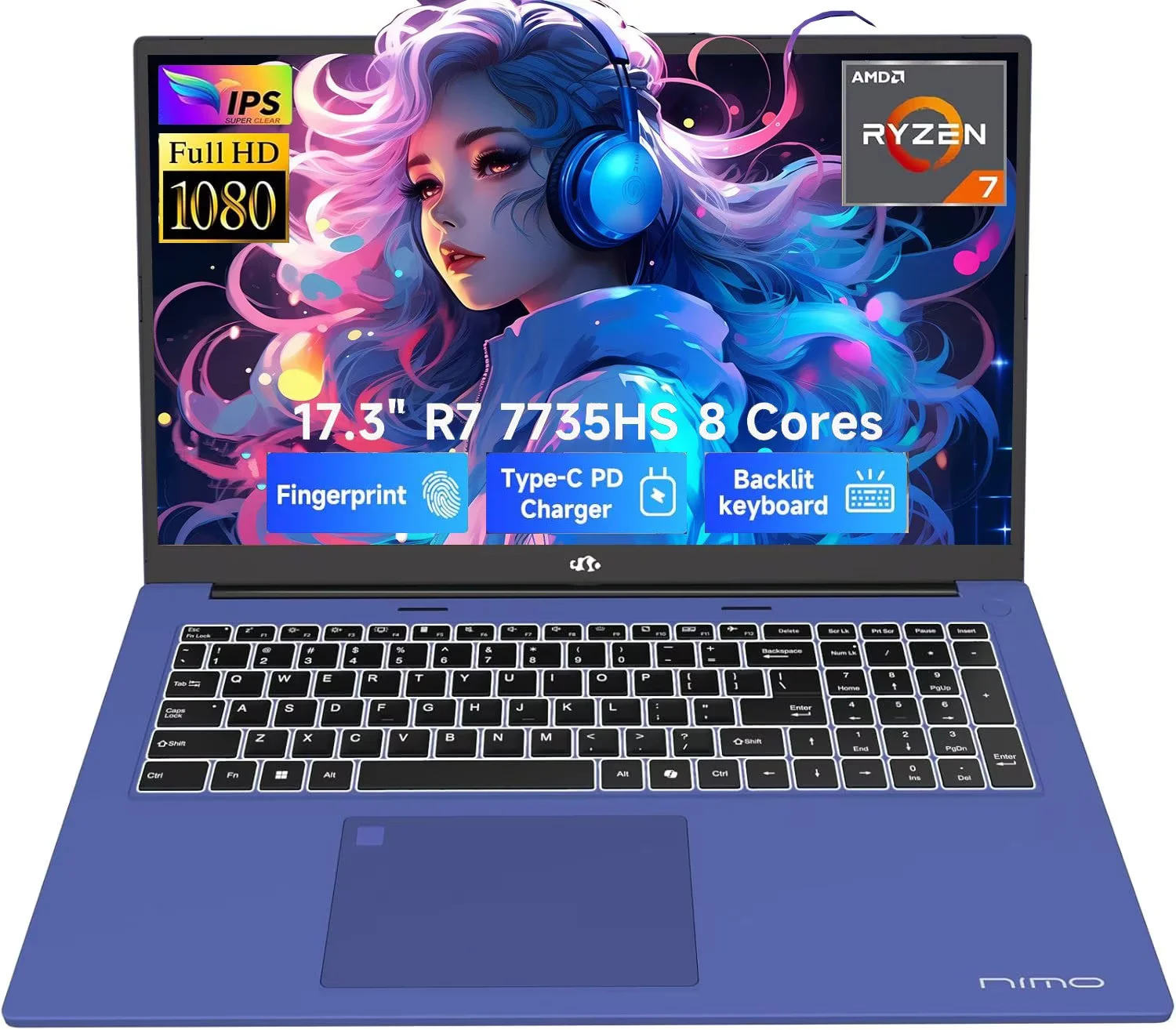 17.3" Gaming-Laptop, AMD Ryzen 7 7735HS (8C/16T, Beats i7-12650H) 16GB DDR5 RAM 1TB SSD Computer with Radeon 680M, 100W Type-C, WiFi-6E