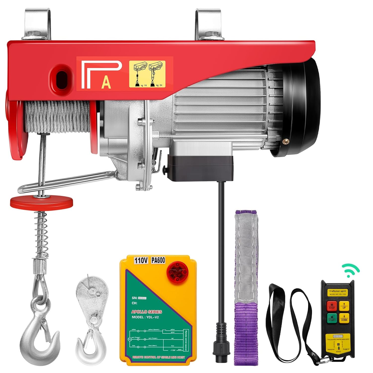 1320LBS Electric Hoist,120V Electric Hoist with Wireless Remote Control,Single/Double Slings Electric Winch