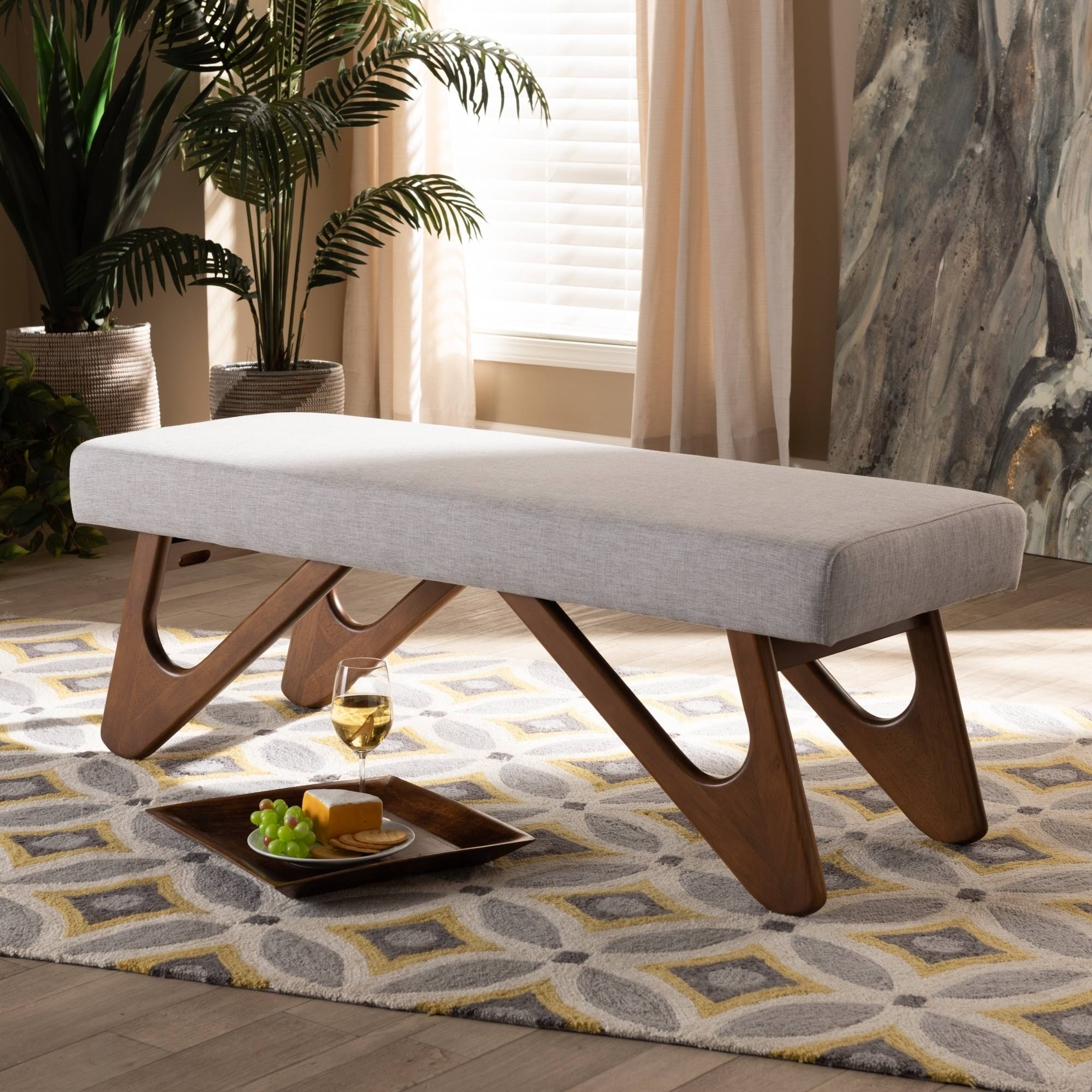 Carson Carrington Ullaberg Mid-Century Modern Upholstered Boomerang Bench - Greyish Beige
