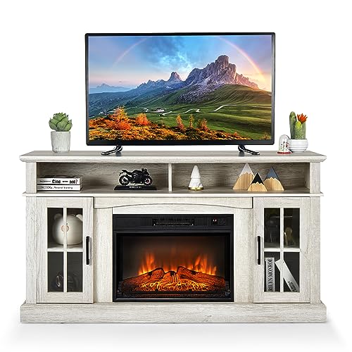 COSTWAY Electric Fireplace TV Stand for TVs Up to 65 Inches, 1400W Heater Insert with Remote Control, 6H Timer, 3-Level Flame