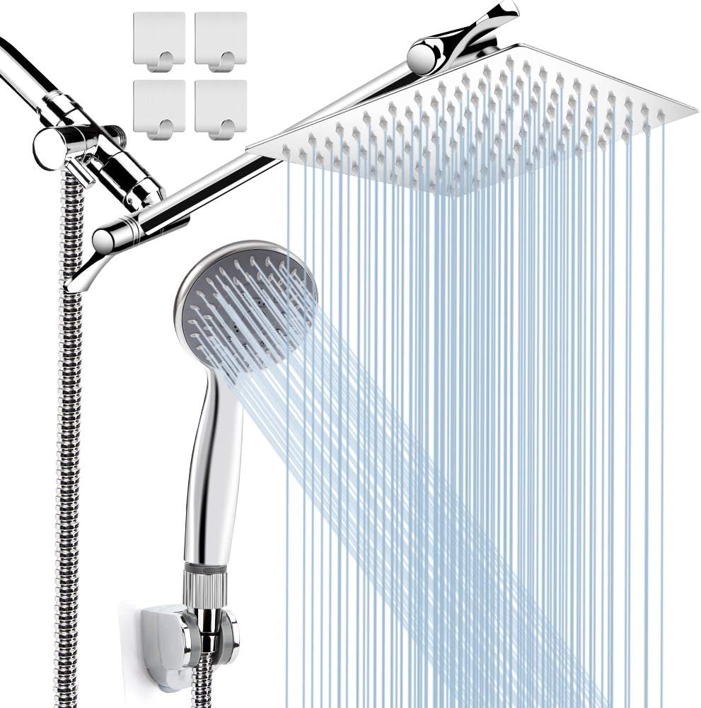 8'' High Pressure Rainfall Shower Head / Handheld Shower Combo with 11'' Extension Arm, Height/Angle Adjustable