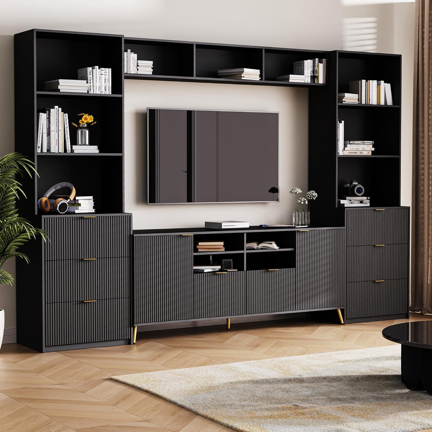 4-Piece Entertainment Wall Unit with 13 Shelves,8 Drawers and 2 Cabinets Modern TV Center with Bookshelves and Bridge Cabinet